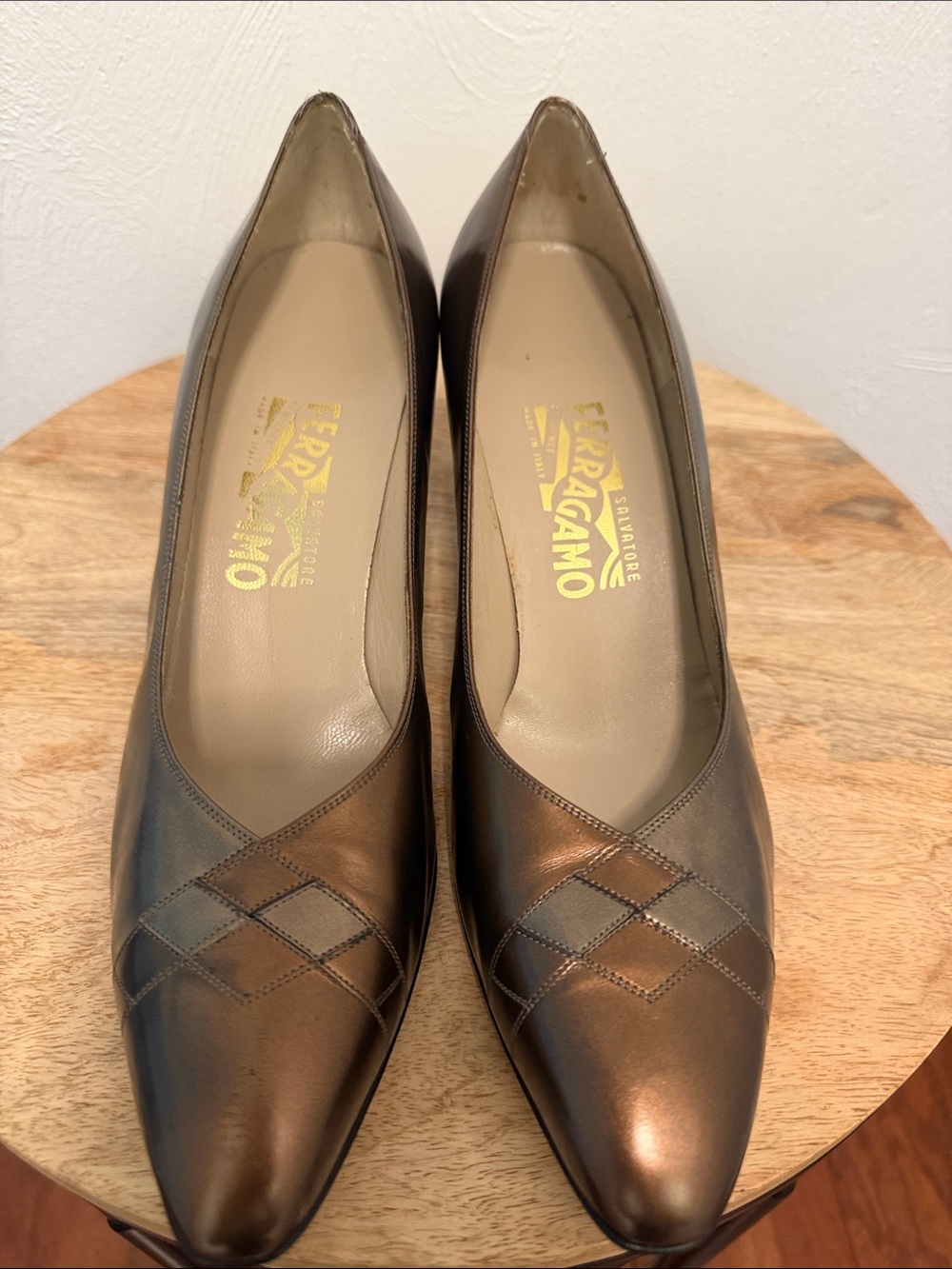Salvatore Ferragamo Metallic Bronze Pointed Toe Pumps with Diamond Stitch